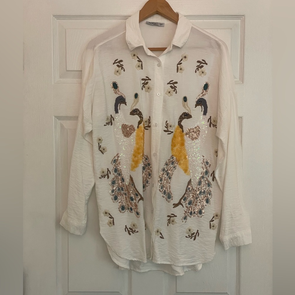 Embroidered Peacock Button-Up Shirt